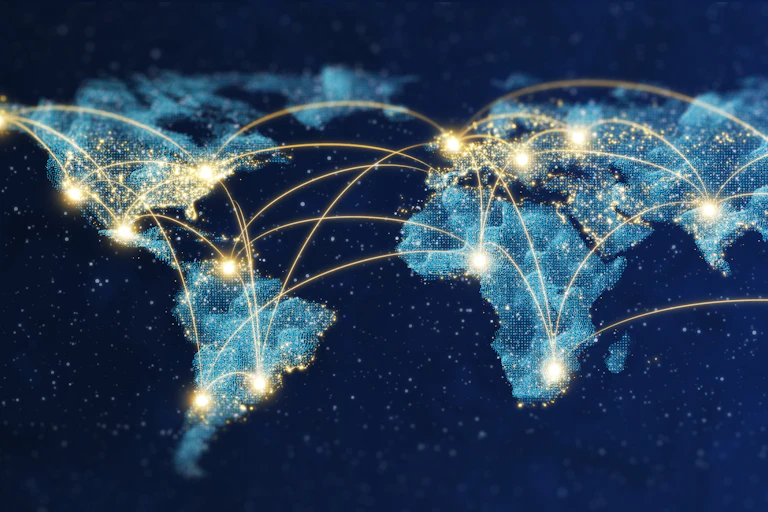 A map of the world showing lines connecting many regions.