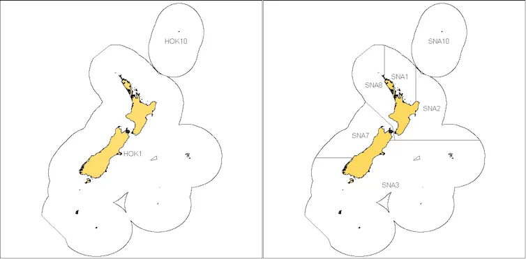 Maps of quota management areas fro hoki and snapper.