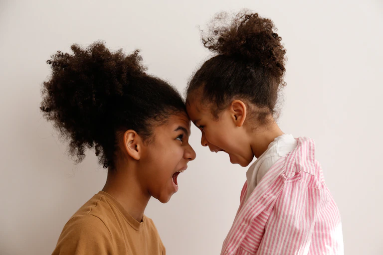 Younger and older sister yelling at each other.