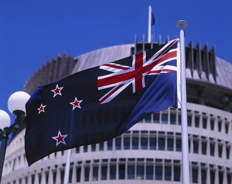 New Zealand flag in front of the Beehive