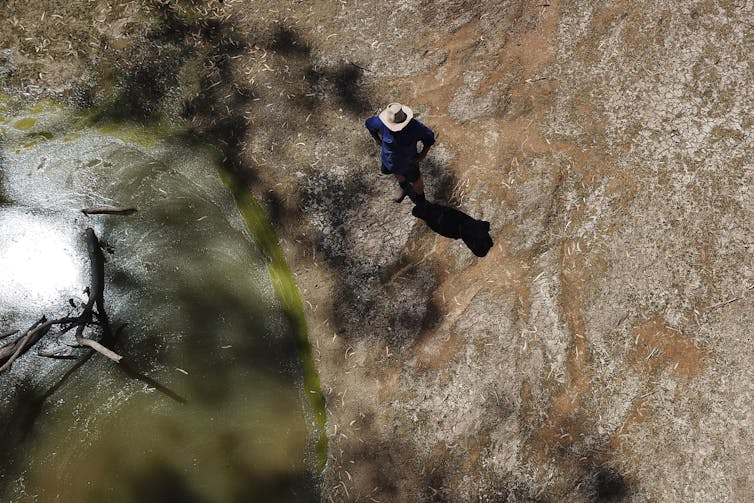 man looks at dried dam