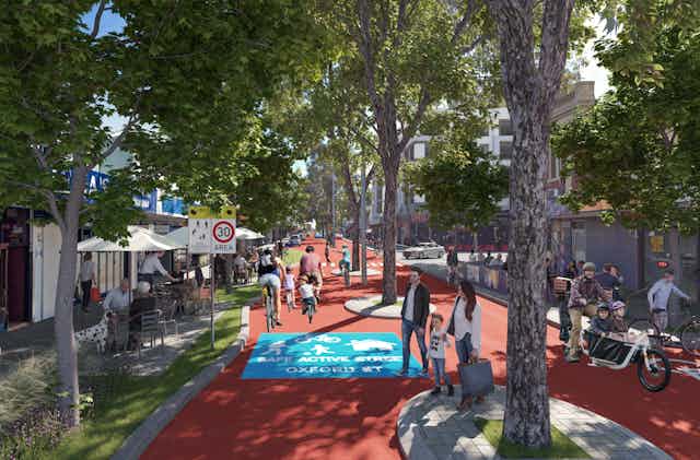 Artist's image of a shopping street transformed into a car-free people-friendly place
