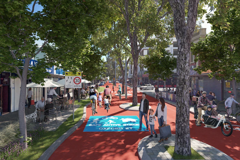 Artist's image of a shopping street transformed into a car-free people-friendly place