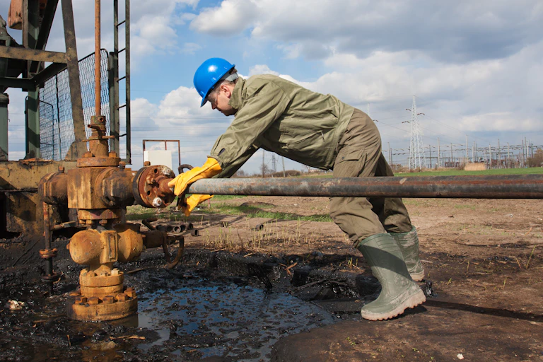 An engineer inspects a valve on an oil pump.
