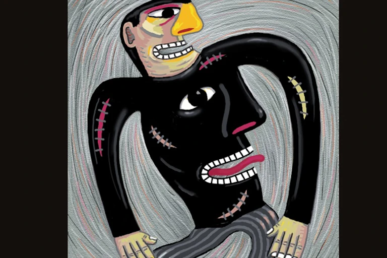 Stylised male figure in profile with a bulbous nose and flapping tongue on his torso.