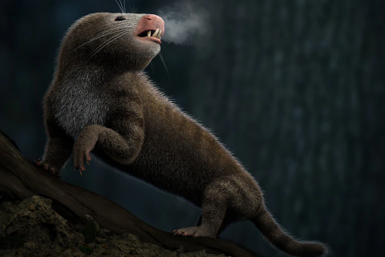A small animal that looks somewhat like a shrew with a long body, stands on a tree against a dark background, exhaling steam