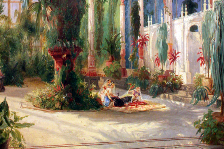 Tableau montrant des familles assises par terre au milieu d'un jardin.