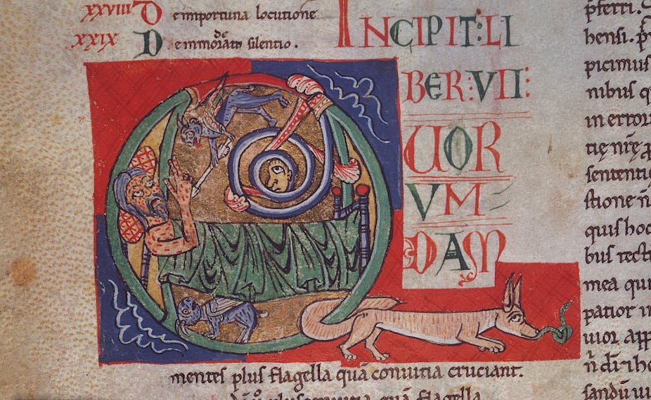 An illustration from a medieval Christian book shows several beasts and a man lying in bed.