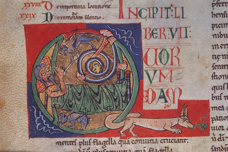 An illustration from a medieval Christian book shows several beasts and a man lying in bed.