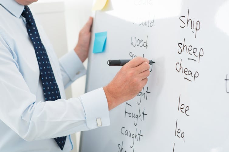 Teacher writing on a whiteboard.