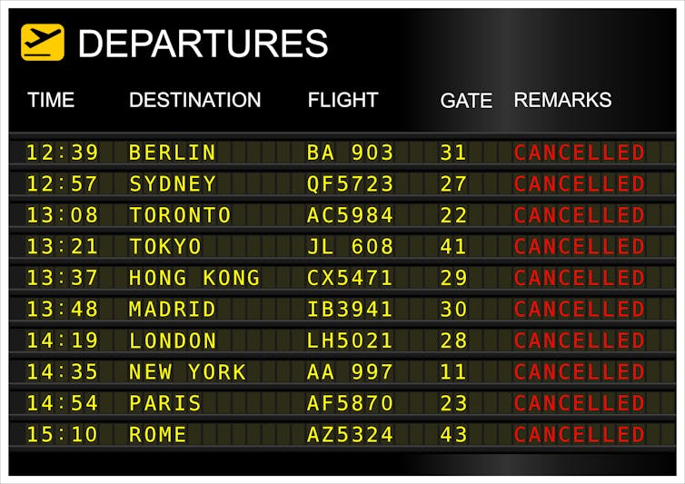 Airport departures board showing cancelled flights