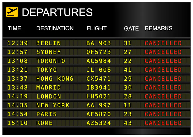 Airport departures board showing cancelled flights