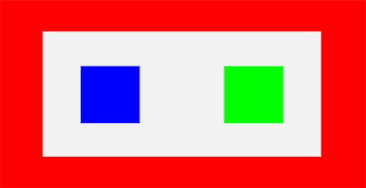 Deux carrés, vert et bleu, encerclés par un pays rectangulaire rouge.