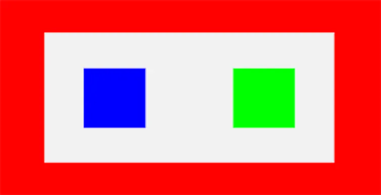 Deux carrés, vert et bleu, encerclés par un pays rectangulaire rouge.
