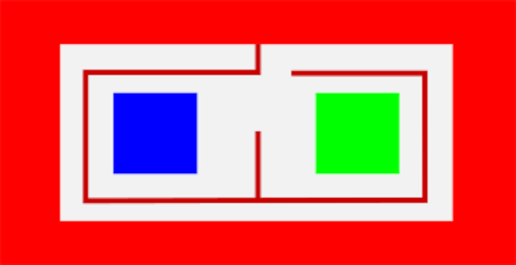 Le pays rouge s'étend avec un ligne rouge qui reste à distance égale de rouge, bleu, vert, de façon à ce que tout point de la zone blanche soit à 1 mètre maximum du pays rouge.