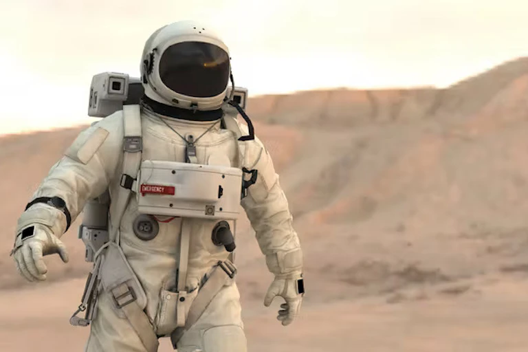 Dengan latar belakang bukit berwarna merah muda, seorang astronot berjalan di tanah Mars.