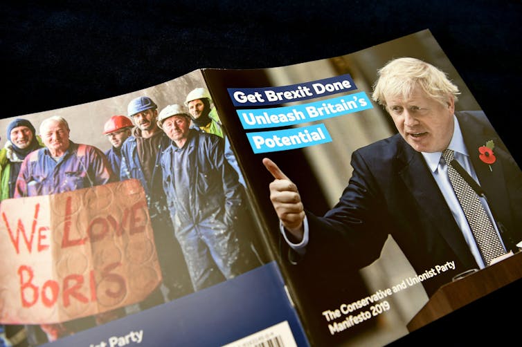 The front cover of the Conservative Party's 2019 manifesto, featuring a photo of Johnson and text reading Get Brexit Done, unleash Britain's potential.