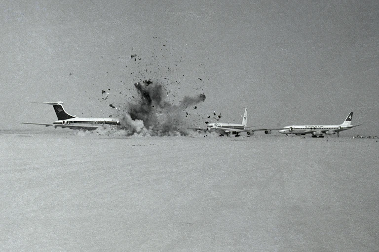 A plane on an airstrip explodes.