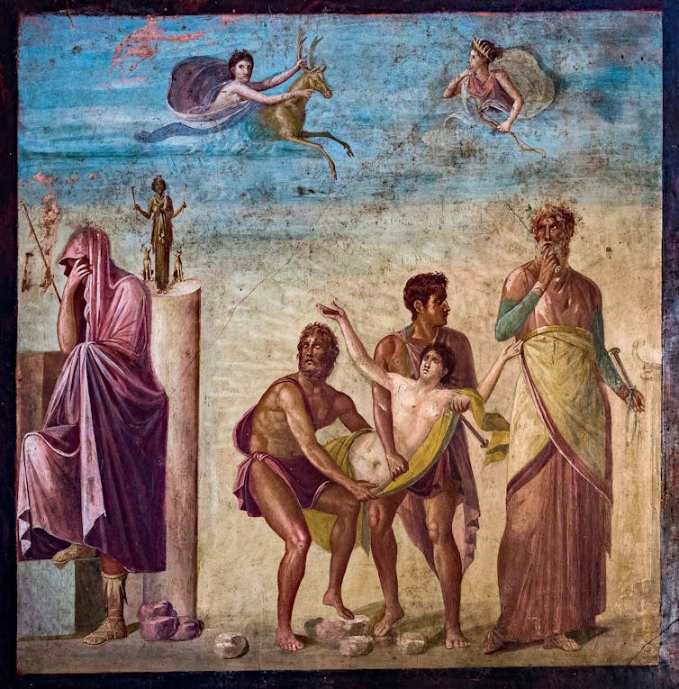 A painting with a young woman being carried by two people, with a woman on the left, crying and a man on the right, looking away.