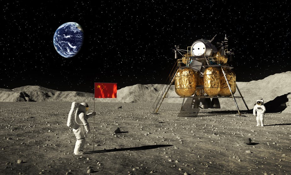 A mockup of an astronaut planting a Chinese flag on the Moon.