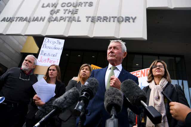 Bernard Collaery at a press conference outside the ACT Supreme Court