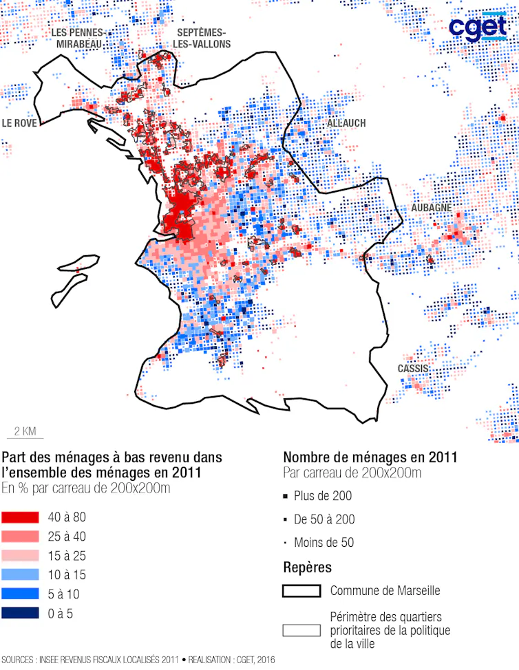 Carte de la part des ménages à bas revenus, l’exemple de Marseille