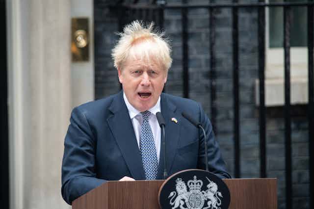 Boris Johnson delivering his resignation speech in front of Downing Street.