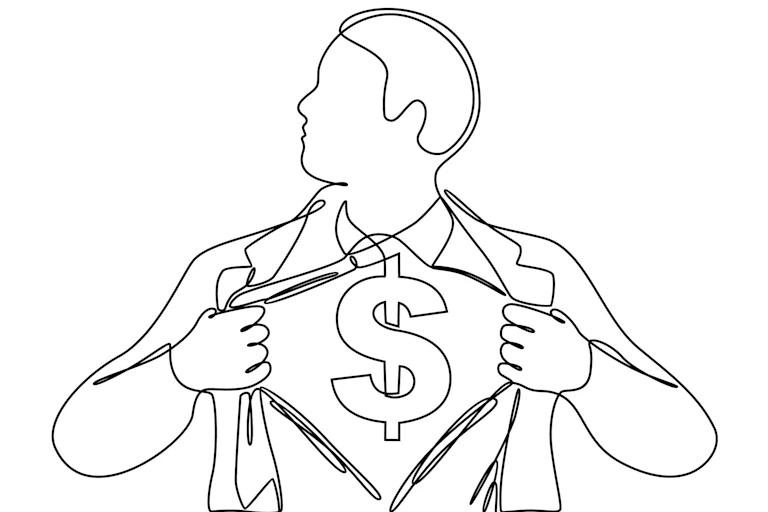 Man pulling back his shirt to reveal a vest with a dollar sign on it