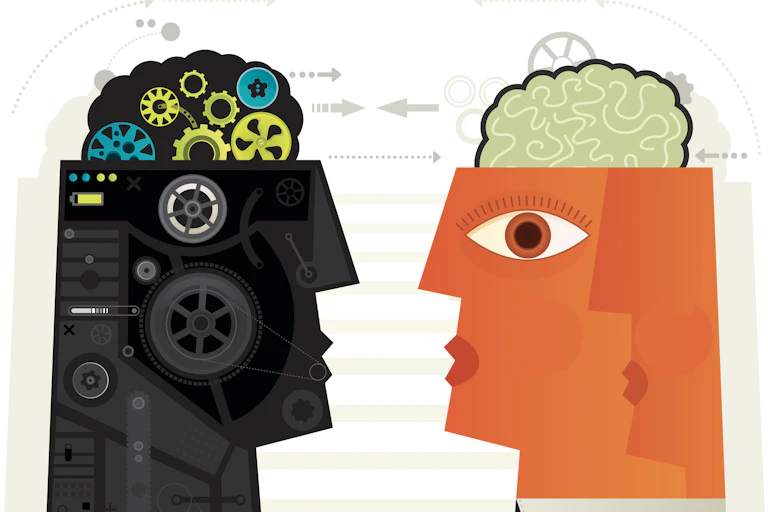 a highly stylized cartoon image showing a robotic head with exposed mechanical brain facing a human head with exposed biological brain