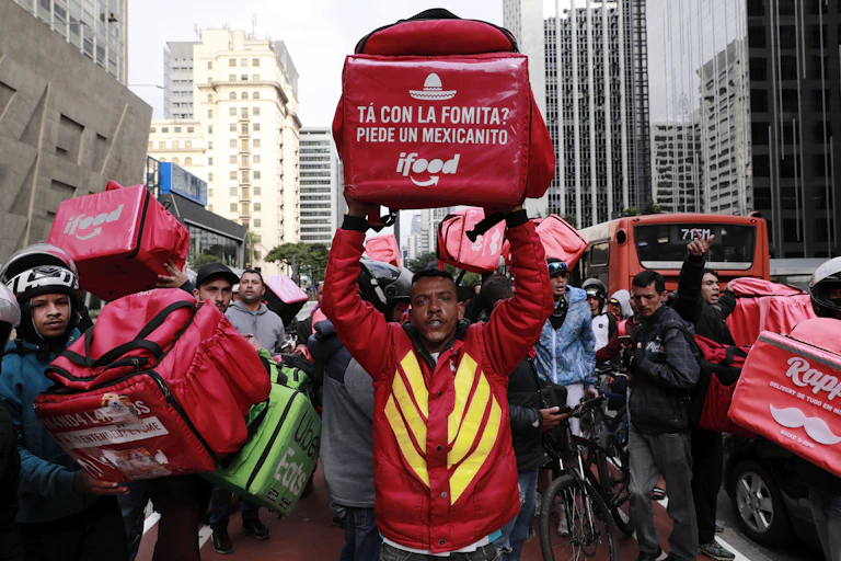 Sao Paolo food delivery workers in protest
