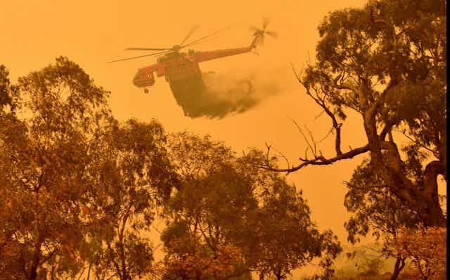 Un hélicoptère bombardier d'eau tente d'éteindre le feu de brousse dans un ciel orange. 