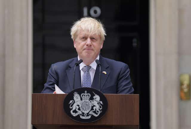 Boris Johnson speaking in front of 10 Downing Street.
