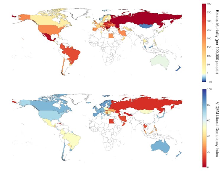 A map of the world with different countries shaded in different colours to indicate excess mortality (top map) and V-Dem score (bottom map).