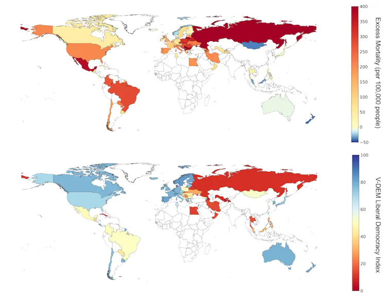 A map of the world with different countries shaded in different colours to indicate excess mortality (top map) and V-Dem score (bottom map).