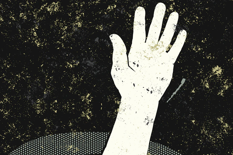 Drawing of hand reaching for help out of swirling water.