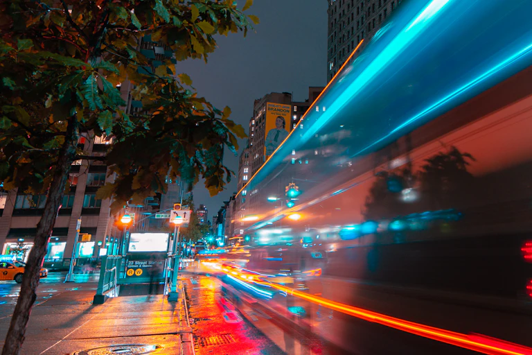 City lights at night in New York City