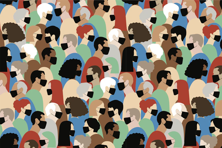 A cartoon illustration of many people wearing masks.
