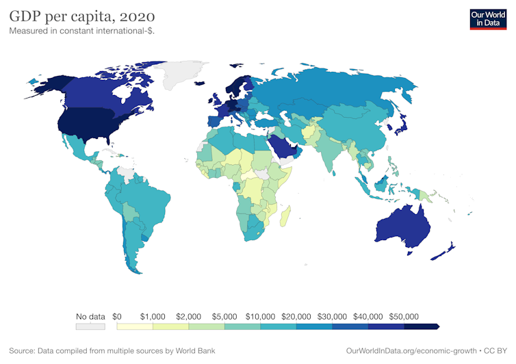 World map showing nations' GDP per capita in 2020