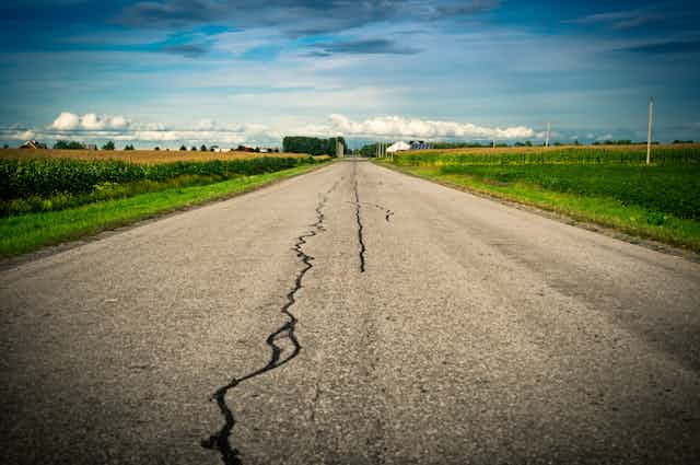 Repaired cracks in a country road.