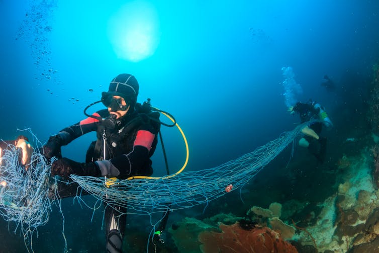 SCUBA divers attempting to remove a ghost fishing net tangled over a tropical coral reef.