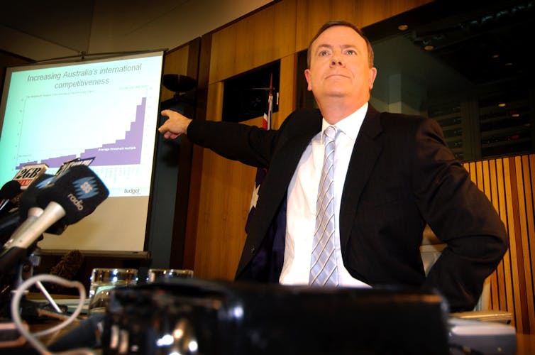 Federal treasurer Peter Costello spruiks his 10th budget, May 10, 2005.