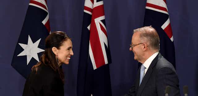 New Zealand Prime Minister Jacinda Ardern shakes hands with Australian Prime Minister Anthony Albanese after speaking to the media during a press conference in Sydney, Friday, July 8 2022.