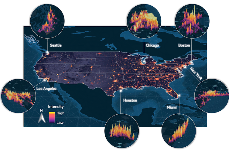 Charts show the intensity of urban light in seven representative cities