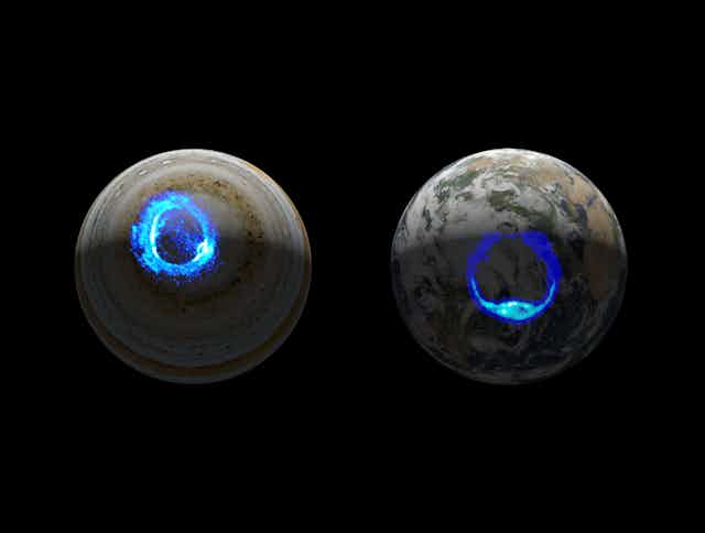 Des cercles bleutés, reconstructions des aurores boréales sur Jupiter et sur Terre.