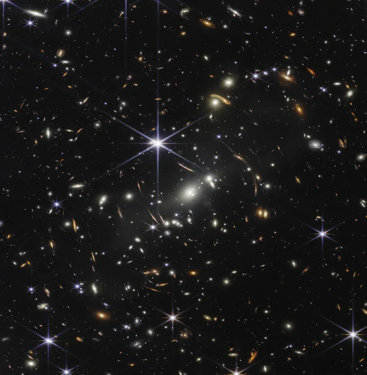 James Webb image of a cluster of galaxies about 4 billion light years from Earth.