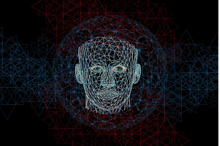 Visage humain fait d'entrelacs de neurones ou capteurs sur fond noir