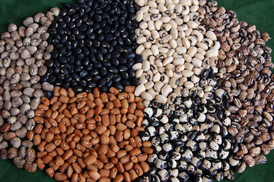 Different coloured beans on a table