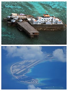 A combo photo shows an artificial island with just a few structures on it, and the same island almost 25 years later with what appears to be a military base on it.