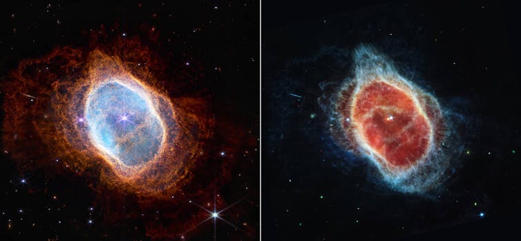 Two side-by-side images of a round cloud of gas around a bright star.