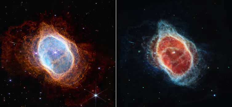 Two side-by-side images of a round cloud of gas around a bright star.